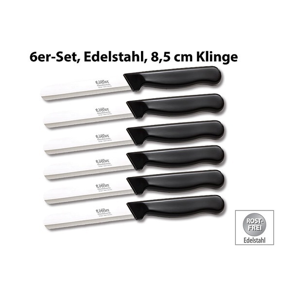 Löffler Schneidewaren Co. 6 Edelstahl-Gemüsemesser aus Solingen, rund, gezackte 8,5-cm-Klinge