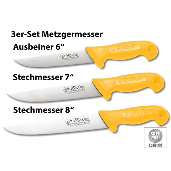 Löffler Schneidewaren Co. 3er-Set Solinger Edelstahl-Metzgermesser, 6, 7 & 8 Zoll