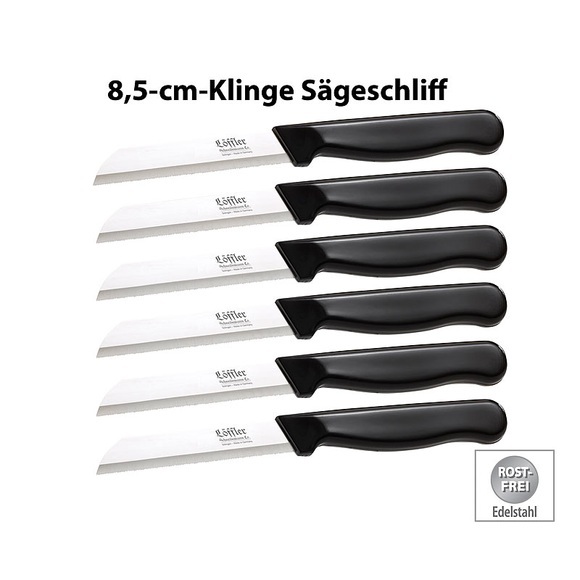 Löffler Schneidewaren Co. 6 Edelstahl-Gemüse-/Obstmesser aus Solingen, 8,5-cm-Klinge Sägeschliff