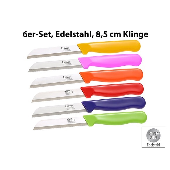 Löffler Schneidewaren Co. 6 Edelstahl-Gemüse-/Obstmesser aus Solingen, 8,5-cm-Klinge Sägeschliff