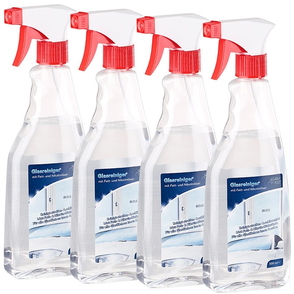 Sichler Haushaltsgeräte Glasreiniger mit Fett- und Nikotinlöser, 4x 500 ml, Made in Germany