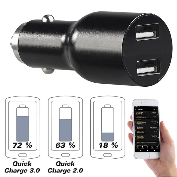 Lescars Kfz-Fahrtenbuch-Adapter & USB-Ladegerät, Bluetooth, App, Quick Charge