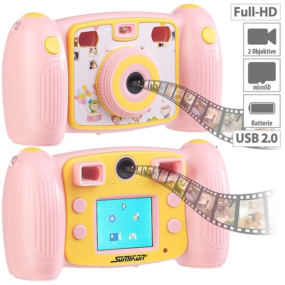 Somikon Kinder-Full-HD-Digitalkamera, 2. Objektiv für Selfies & 2 Sucher, rosa