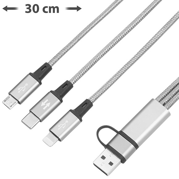 Callstel 3in1-Schnellladekabel: Micro-USB, USB Typ C & Lightning, Textil, 30 cm