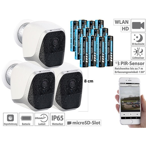 VisorTech 3er-Set IP-HD-Überwachungskameras mit App, IP65, 12 Akkus