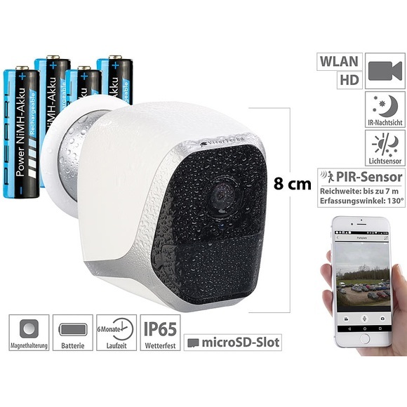 VisorTech IP-HD-Überwachungskamera mit App, IP65, bis 6 Monate Stand-by, 4 Akkus