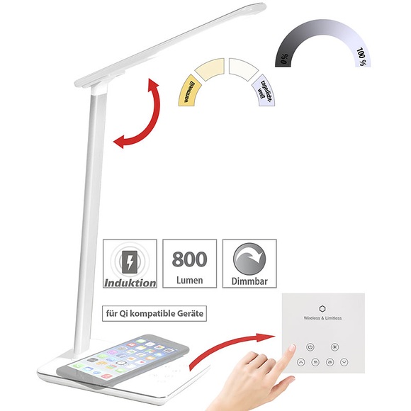 Lunartec Schreibtisch-Lampe, Qi-kompatibel, 4 Lichtfarben, 800 Lumen, dimmbar