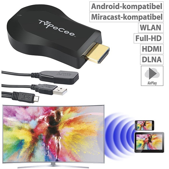 TVPeCee WLAN-HDMI-Stick für Miracast, Mirroring, AirPlay, Chromecast und DLNA