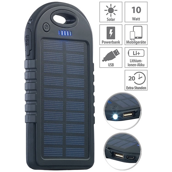 revolt Solar-Powerbank mit 4.000 mAh & Taschenlampe, 2x USB, bis 2 A, 10 Watt