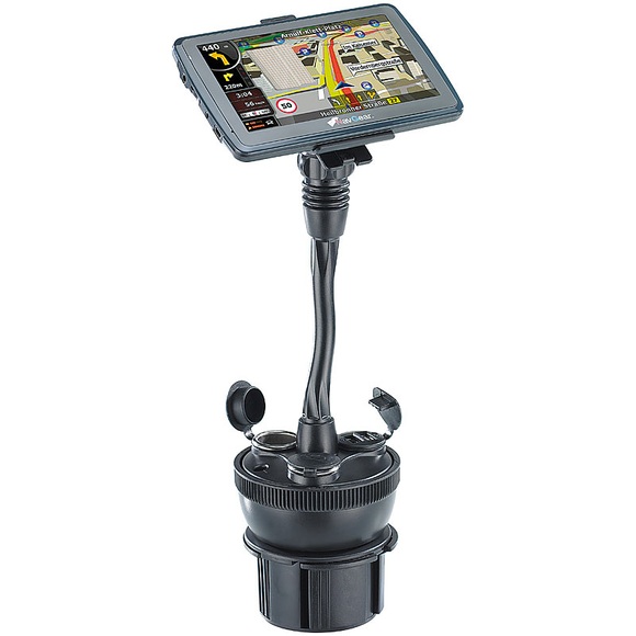 NavGear Navi-Halterung für Kfz-Getränkehalter, mit 2 USB- & 12V-Ports