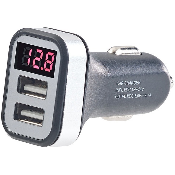 revolt Kfz-USB-Ladegerät mit Spannungswarner, LED-Display, 2x USB, 3,1 A