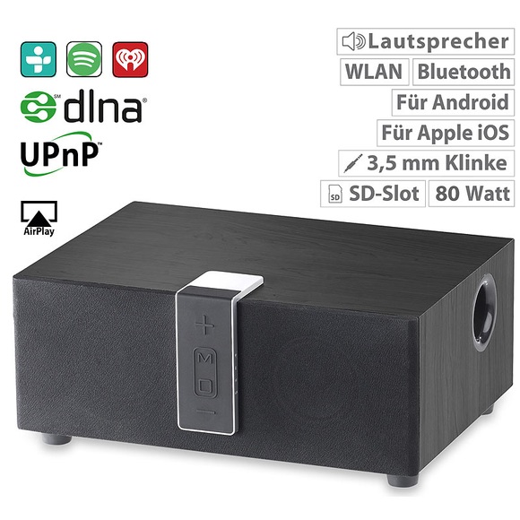 auvisio WLAN-Multiroom-Lautsprecher mit Subwoofer, BT, Airplay, 80 W, schwarz