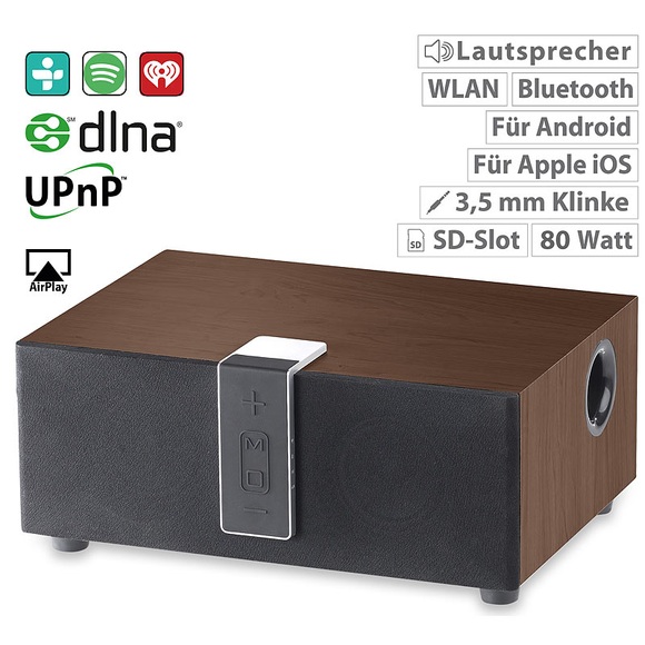 auvisio WLAN-Multiroom-Lautsprecher mit Subwoofer, BT, Airplay, 80 W, walnuss