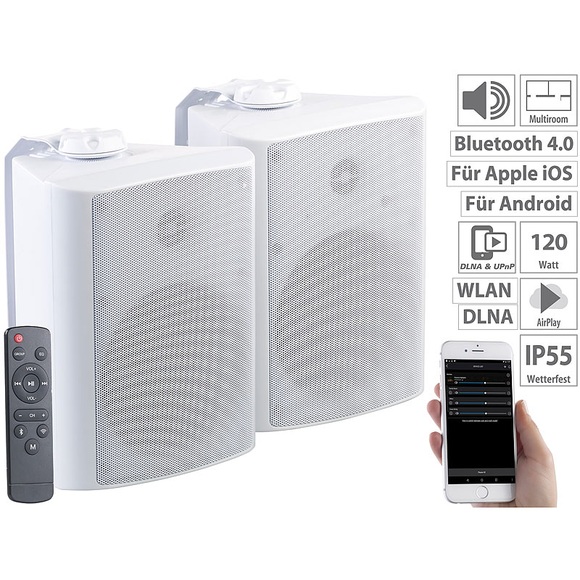 auvisio Aktiv-Multiroom-Stereo-Aussen-Lautsprecher, WLAN, Bluetooth, 120W, IP55