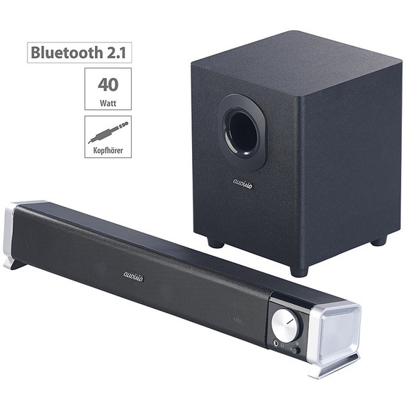 auvisio 2.1-Soundbar mit externem Subwoofer für PC und TV, Bluetooth, 40 Watt