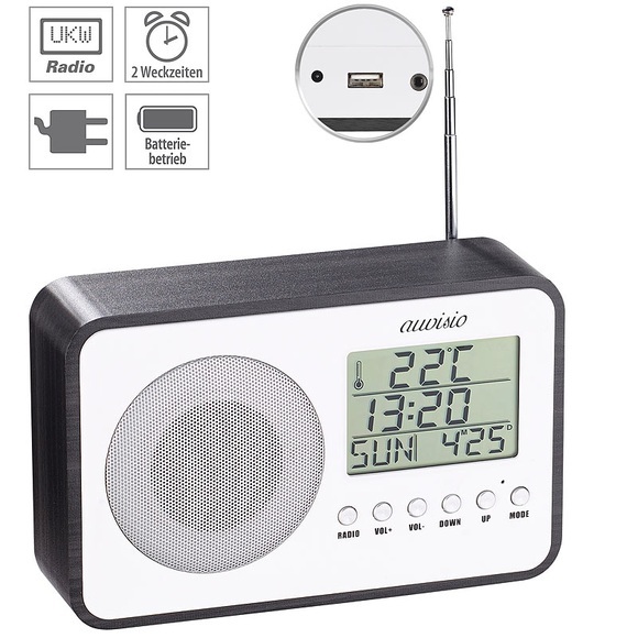 auvisio Design-UKW-Radiowecker, digitale Frequenzwahl, Netzteil, USB-Ladeport