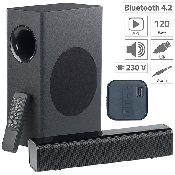 auvisio 2.1-Soundbar, externer Subwoofer, Bluetooth, Fernbedienung, 120 Watt