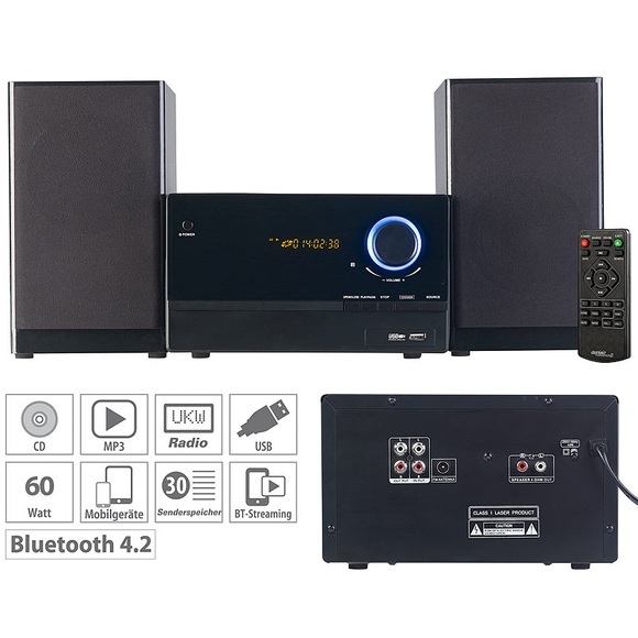auvisio Micro-Stereoanlage, CD-Player, Radio, MP3-Player, Bluetooth, 60 Watt