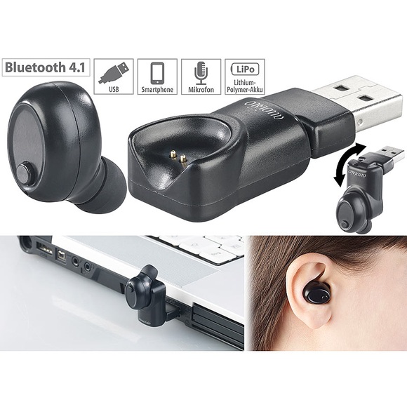 auvisio In-Ear-Mono-Headset mit Bluetooth 4.1, Mikrofon, Akku, USB-Ladeadapter