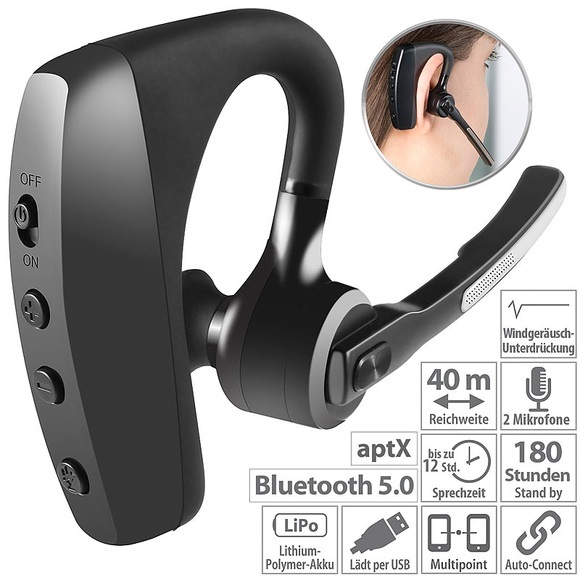 Callstel Headset, Bluetooth 5, aptX, 2 HD-Mikrofone, Windgeräusch-Unterdrückung