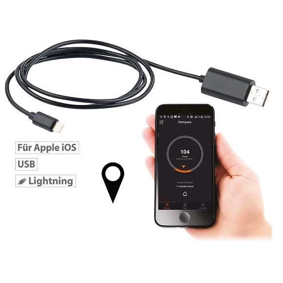 Lescars 2in1-Car-Finder & Lightning-Ladekabel für iPhone, Bluetooth, App, MFi