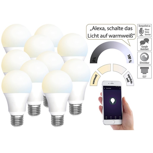 Luminea Home Control 10 WLAN-LED-Lampen, E27, 800 lm, für Alexa & Google Assistant, CCT