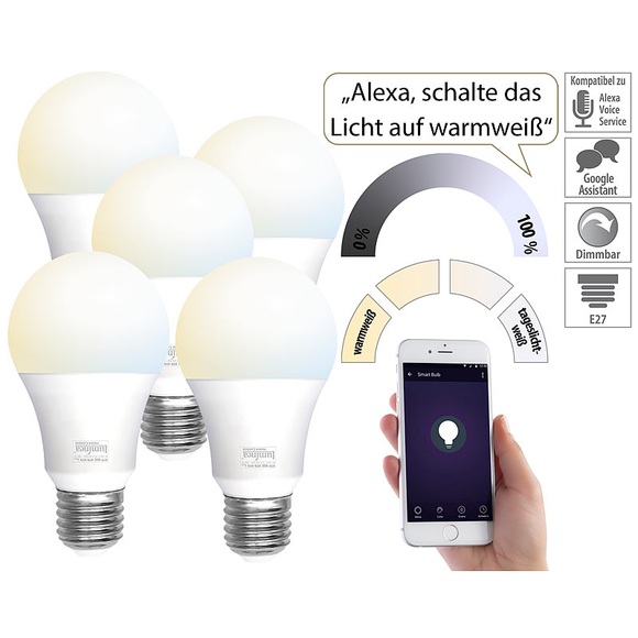 Luminea Home Control 5er-Set WLAN-LED-Lampen, E27, 800lm, für Alexa & Google Assistant, CCT