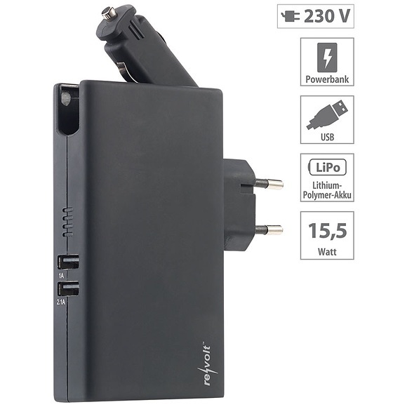 revolt Powerbank mit 5.000 mAh, 12/24- & 230-V-Stecker, 2x USB, 3,1 A, 15,5 W