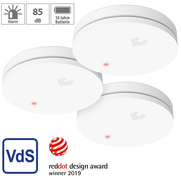 VisorTech 3er-Set fotoelektrische Slim-Rauchwarnmelder, 10-Jahres-Batterie, VDS