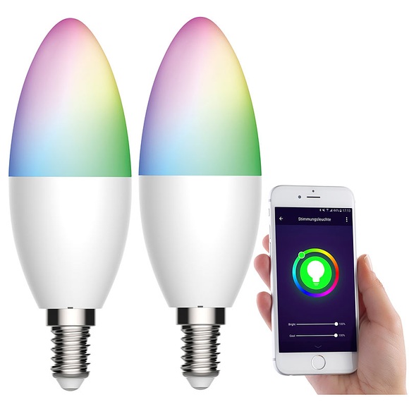Luminea Home Control 2er-Set WLAN-LED-Lampen, für Amazon Alexa/GA, E14, RGB, CCT, 5,5 W