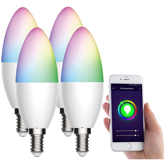 Luminea Home Control 4er-Set WLAN-LED-Lampen, für Amazon Alexa/GA, E14, RGB, CCT, 5,5 W