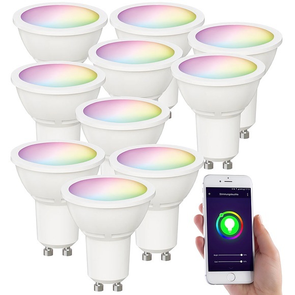 Luminea Home Control 10er-Set WLAN-LED-Spots für Amazon Alexa & GA, GU10, RGB, CCT, 5 Watt