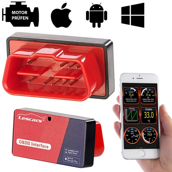 Lescars OBD2-Adapter mit ELM327-Chip und Bluetooth, für iOS und Android