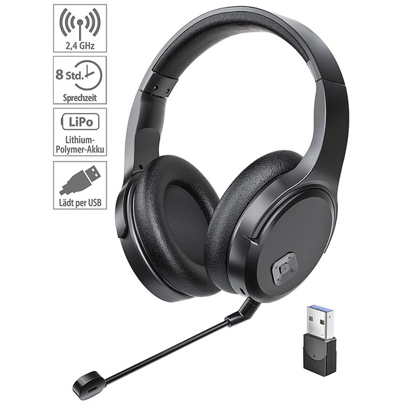 Digitales Funk-Headset mit abnehmbarem Mikrofon, 8 Std. Laufzeit, USB / Headset