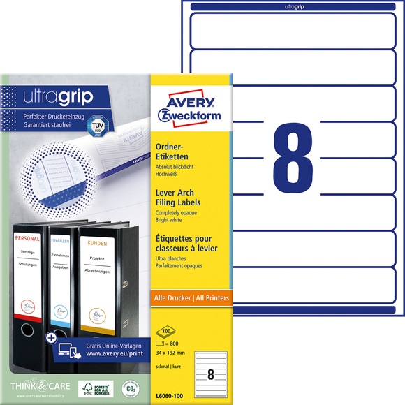 Avery Zweckform Ordneretiketten L6060-100 Weiss A4 19,2 x 3,4 cm 100 Blatt à 8 Etiketten