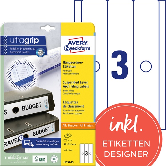 AVERY Zweckform Ordneretiketten L4757-25 Ultragrip Weiss DIN A4 63 mm 25 Blatt à 3 Etiketten