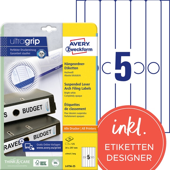 AVERY Zweckform Ordneretiketten L4756-25 Ultragrip Weiss A4 34 x 297 mm 25 Blatt à 5 Etiketten