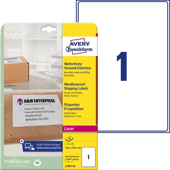 AVERY Zweckform Versandetiketten L7997-25 Weiss A4 199,6 x 289,1 mm 25 Blatt à 1 Etikett Wetterfest