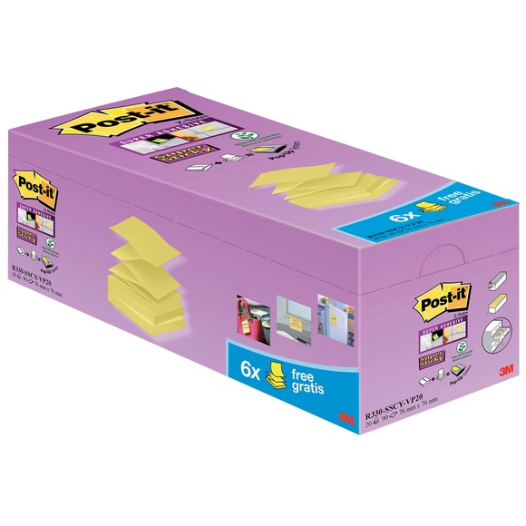 Post-it Sticky Z Notes 76 x 76 mm Kanariengelb 90 Blatt 16 Blöcke + 4 Gratis