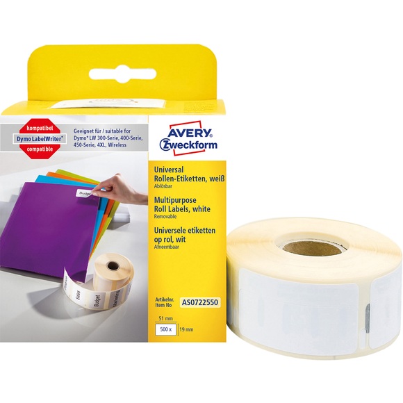 Avery-Zweckform AS0722550 Etiketten Rolle 19 x 51 mm Papier Weiß 500 St. Wiederablösbar Universal-Etiketten