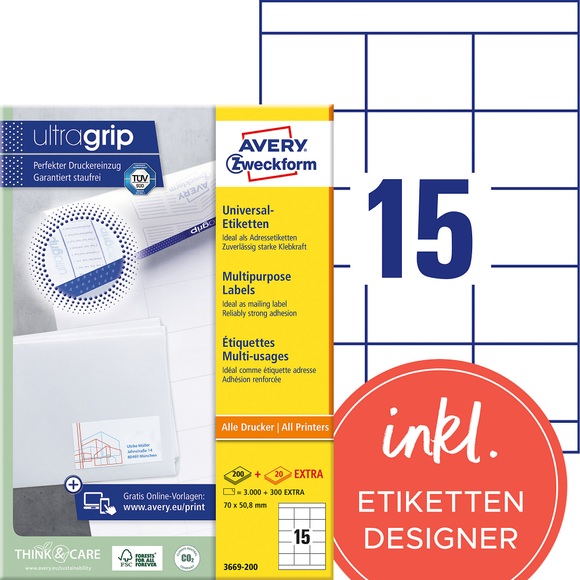 AVERY Zweckform Universaletiketten 3669-200 Ultragrip Weiss DIN A4 70 x 50,8 mm 220 Blatt à 15 Etiketten