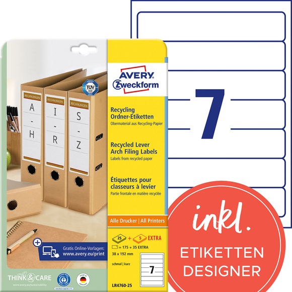 AVERY Zweckform Ordneretiketten LR4760-25 Ultragrip Naturweiss DIN A4 38 x 192 mm 30 Blatt à 7 Etiketten