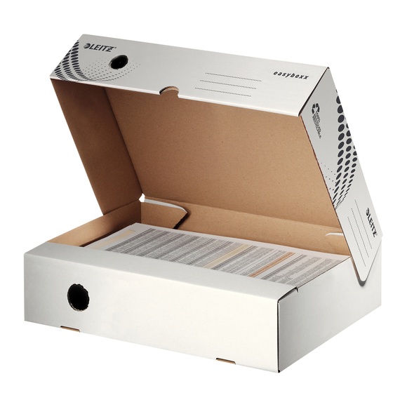 Archivboxen Leitz® Easyboxx 80, DIN A4, Aufbau-Automatik, Deckel, Griffloch Beschriftungsfeld, B 80 mm, weiß, 25 Stück