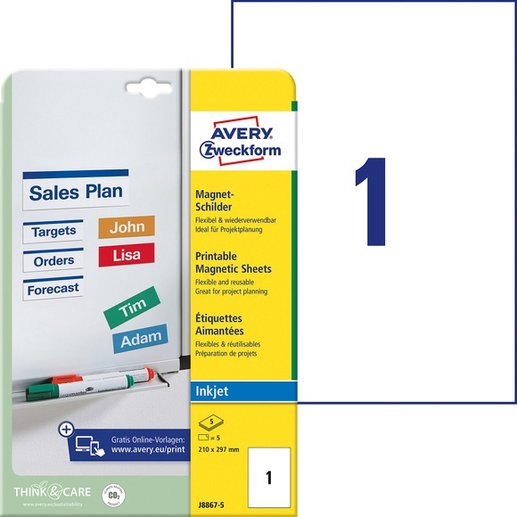 AVERY Zweckform J8867-5 Magnetetiketten 210 x 297 mm Weiß 5 Blatt a 1 Etikett