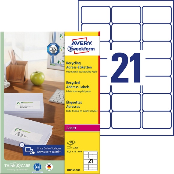 Avery LR7160-100 Universaletiketten DIN A4 Weiß 63,5 x 38,1 mm 100 Blatt à 21 Etiketten