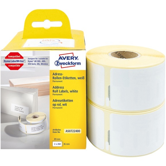 Avery-Zweckform AS0722400 Etiketten Rolle 89 x 36 mm Papier Weiß 520 St. Permanent Adress-Etiketten
