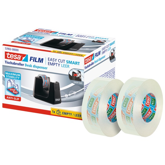 tesafilm Klebebandabroller Easy Cut SMART Schwarz + Eco & Clear Tape 19mm x 33m Klar 2 Rollen