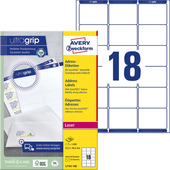 AVERY Zweckform Adressetiketten L7161-100 Ultragrip Weiss DIN A4 63,5 x 46,6 mm 100 Blatt à 18 Etiketten