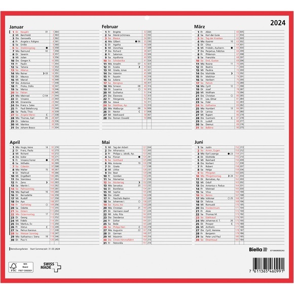 Biella Tafelkalender 2024 A5 6 Monate/1 Seite Karton Weiss Deutsch