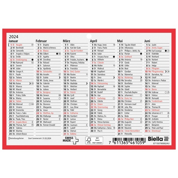 Biella Wandkalender 2024 DIN A6 6 Monate/1 Seite Karton Weiß Deutsch